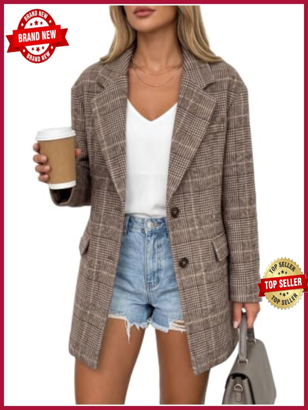 Plaid Tweed Blazer Notched Lapel Mid-Long Business Casual Loose Fit